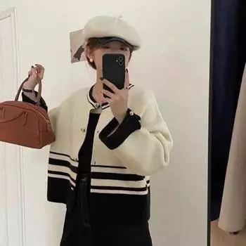 Кардиган контрастного цвета, вязаный свитер, осенний свободный однобортный универсальный женский свитер с нишей и длинными рукавами и круглым вырезом