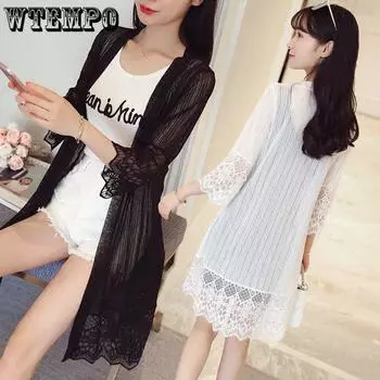 Кардиган, кружевная рубашка, женская летняя свободная рубашка средней длины с кондиционером, солнцезащитная одежда, шаль, тонкое женское пальто M белый