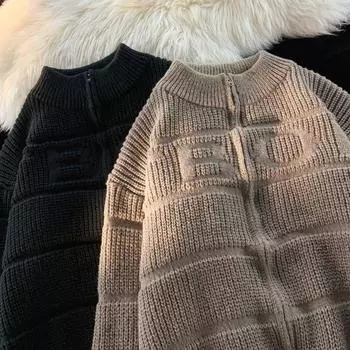 Кардиган куртка мужская осень и зима японский ретро цвет простой тренд повседневная одежда для пары свитер свитер M