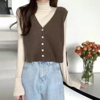 Кардиган, куртка с пони, свитер с v-образным вырезом, короткое пальто без рукавов, вязаный жилет для женщин, осенне-зимний свитер, жилет One Size оранжевый