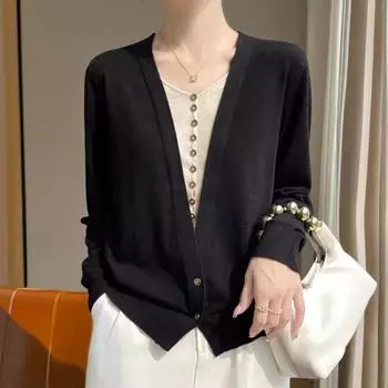 Кардиган куртка женская с V-образным вырезом внешний свитер осень и зима женский корейский новый длинный рукав поддельный свитер из двух частей версия M
