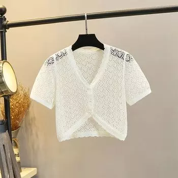 Кардиган Ледяной шелк Вязаный Вырез Тонкое Платье на бретелях Короткий рукав White -8066 2XL