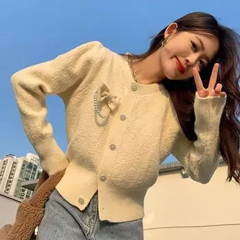 Кардиган Милый свитер с круглым вырезом Кардиган с бантом и длинными рукавами Дизайн Sense Французский маленький ароматный кардиган Свитер Женское пальто One Size чёрный