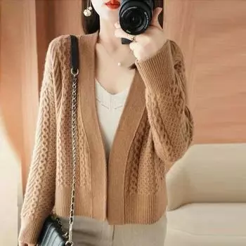 Кардиган, мягкий восковой однотонный вязаный свитер с жареным тестом, свободный осенний универсальный шерстяной свитер с длинными рукавами, женский