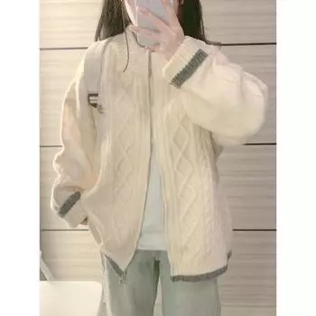 Кардиган мягкой клейкой вязки на двойной молнии Осень-Зима 2024 Beige M [Suggested 45.00 kg-52.50 kg]]