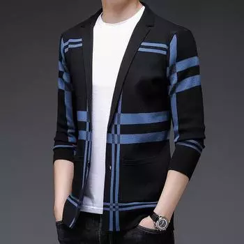 Кардиган Мужская трендовая верхняя одежда Красивый тонкий сращивание модный свитер куртка осенний трикотаж плюс размер S синий
