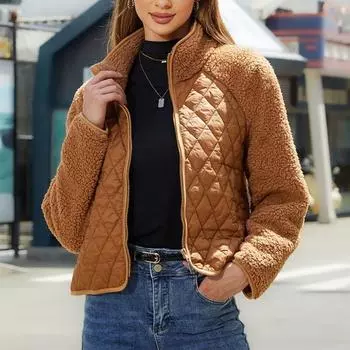 Кардиган на молнии с длинным рукавом Женский плюшевый однотонный топ в стиле пэчворк S верблюд