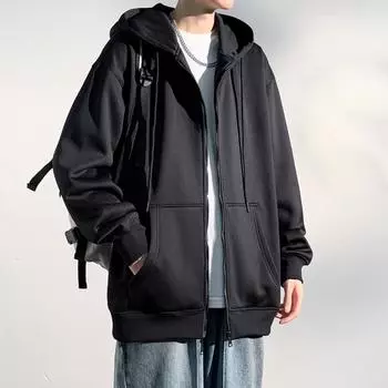 Кардиган на молнии, свитер, мужская брендовая свободная куртка с капюшоном, мужской тренд, весна и осень, молодежный однотонный топ M