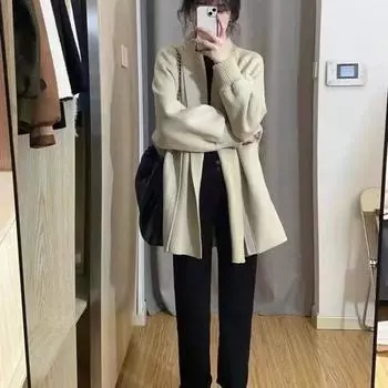 Кардиган на осень и зиму с круглым вырезом и длинными рукавами, однотонный вязаный кардиган, женский длинный модный кардиган, свитер, женское пальто One Size чёрный