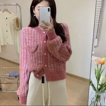 Кардиган на пуговицах с надписью «Любовь», женский осенне-зимний нежный маленький короткий вязаный кардиган с молочным сердечком, женский топ One Size розовый