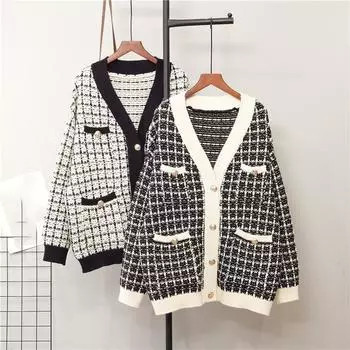 Кардиган на пуговицах в клетку, свитер, кардиган, женский свободный вязаный кардиган с v-образным вырезом и длинными рукавами, джемперы, женские осенне-зимние One Size чёрный