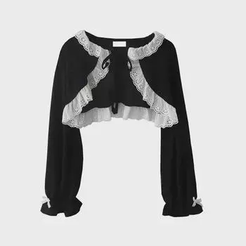 Кардиган на шнуровке в стиле ретро с расклешенными рукавами для ранней осени S чёрный