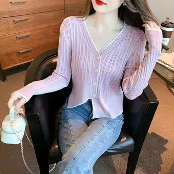 Кардиган на весну и осень, дизайн с неравномерным подолом, женский зарубежный стиль с v-образным вырезом, маленький корейский свитер, женский кардиган