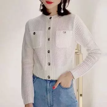 Кардиган на весну и осень, женское короткое шерстяное однобортное вязаное кардиган с длинными рукавами и круглым вырезом, женский свитер с круглым вырезом