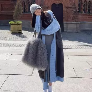 Кардиган осень/зима комбинированный контрастный вязаный кардиган свитер пальто женский свободный и ленивый стиль длинный свитер выше колена One Size серый