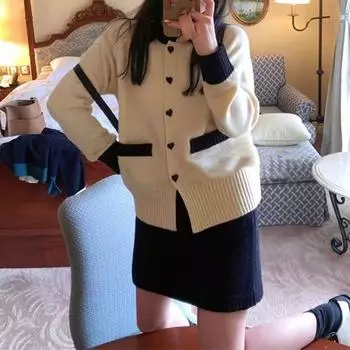 Кардиган осень/зима свободный воротник-поло маленький ароматный мягкий клейкий свитер вязаный кардиган женский дизайн Sense свитер топ One Size хаки