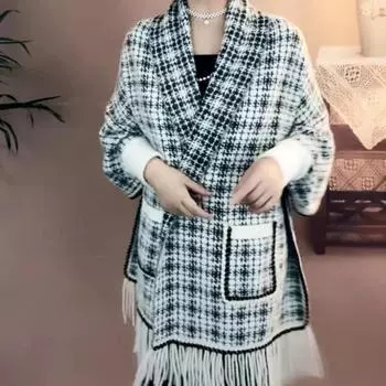 Кардиган осенне-зимнее пальто с шалью и v-образным вырезом, классический клетчатый универсальный пончо с длинными рукавами, повседневный свитер, женские топы One Size чёрный