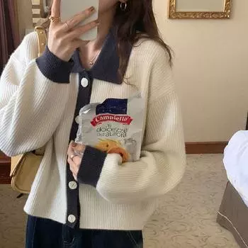 Кардиган осенне-зимний ретро с лацканами контрастного цвета вязаный женский с длинными рукавами свободный свитер с воротником-поло свитер кардиган One Size темные хаки