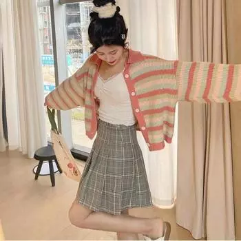 Кардиган, осенний свитер, пальто, женский полосатый свитер, 2023, повседневный свитер с воротником-поло, свободный вязаный свитер с длинными рукавами, кардиган, женский топ