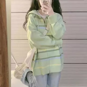 Кардиган, осенний женский свитер, верхняя одежда, ленивый лес, свежий, повседневный, универсальный, с длинными рукавами, полосатый вязаный свитер с капюшоном, женский топ One Size зелёный