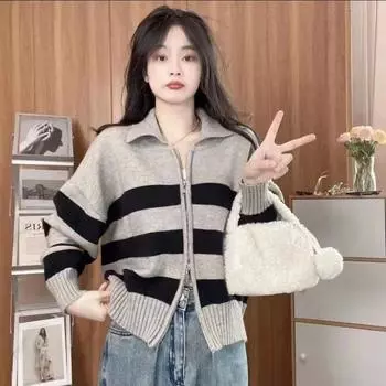 Кардиган, пальто для женщин, осень/зима 2023, контрастная полоска, воротник-поло, двойная молния, ленивый свитер с длинными рукавами, вязаный кардиган для женщин One Size чёрный