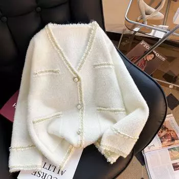 Кардиган, пальто, осень и зима, новый, с v-образным вырезом, яркий шелковый край, однотонный, с длинными рукавами, свободный, повседневный, вязаный кардиган, пальто для женщин One Size чёрный