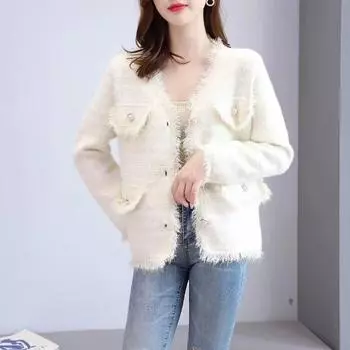 Кардиган, пальто, весенне-осенний водонепроницаемый вязаный кардиган из норкового флиса, осенне-зимнее универсальное пальто с длинными рукавами для женщин One Size чёрный