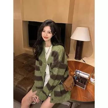 Кардиган, полосатый свитер с длинными рукавами, женский свитер нежного темперамента с v-образным вырезом, свободный кардиган контрастного цвета, женский топ