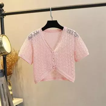 Кардиган Приталенный Ледяной Шелк Вырез Юбка на Бретелях Вязаный Короткий Рукав Pink -8066 2XL