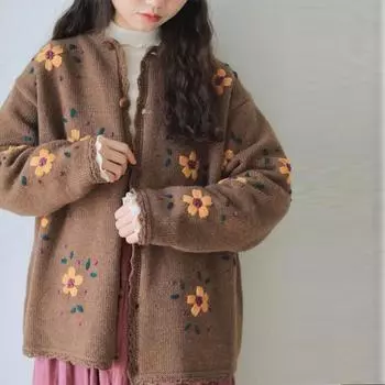 Кардиган, японский винтажный свитер с цветочной вышивкой, пальто, женская верхняя одежда с длинными рукавами, вязаный кардиган, свободный свитер, женский топ