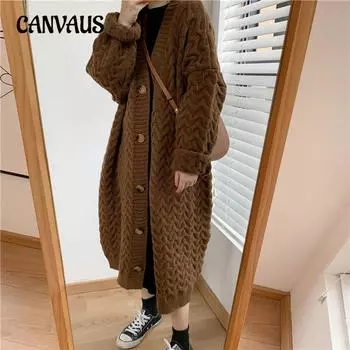 Кардиган Retro Lazy Wind с утолщенной вязкой, сплетенный спицами, осенне-зимний свитер больших размеров One Size светло-коричневого