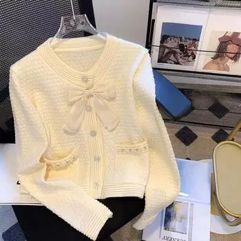 Кардиган с бантом для женщин, однотонный, с длинными рукавами, круглым вырезом, однобортный свитер с карманами One Size