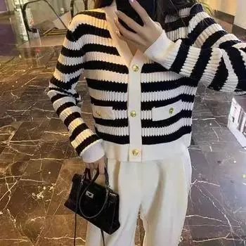 Кардиган с блестками для тяжелой промышленности 2022, вязаный кардиган с v-образным вырезом в небольшую ароматную полоску, женский кардиган с длинными рукавами в западном стиле