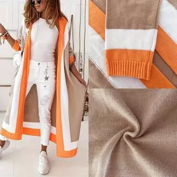 Кардиган с цветными блоками и открытым передом — стильный дизайн с длинными рукавами и длиной до щиколотки для весенних и осенних сезонов, универсальная женская одежда для повседневного ношения 1XL хаки