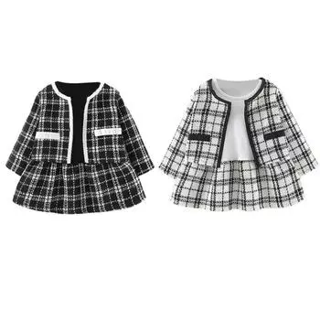 Кардиган с длинными рукавами для маленьких девочек, куртка, пальто + плиссированное платье-пачка, клетчатый комплект одежды, осенне-зимняя детская одежда 2XL