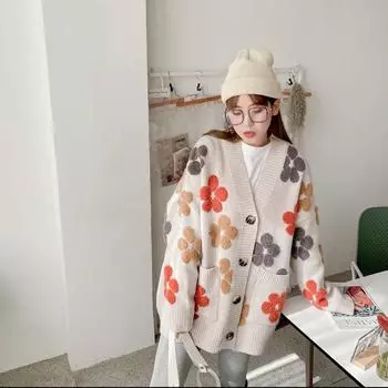 Кардиган с длинными рукавами, женский свитер, осень и зима 2022, модная новая блузка с v-образным вырезом и принтом, свободная вязаная куртка в западном стиле One Size серый