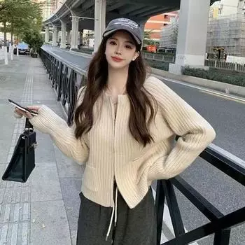 Кардиган с двойной молнией, свитер, пальто, женский осенне-зимний короткий однотонный топ с подкладкой, универсальный шерстяной кардиган, свитер, женский топ One Size бежевый