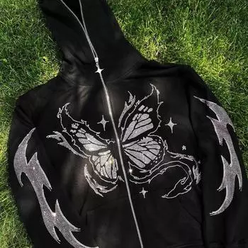 Кардиган с капюшоном и свободной застежкой-молнией с принтом «горячие ромбы» для мужской и женской модной куртки-свитера M чёрный