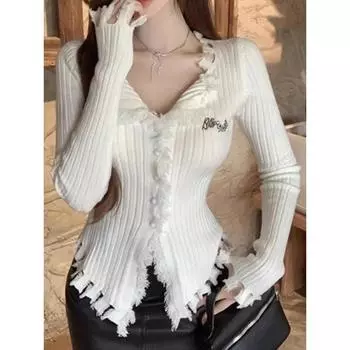 Кардиган с кисточками, нерегулярная вязка, свитер, осень-зима, уличная одежда, корейские обзоры, одежда, облегающий крой, трикотаж с V-образным вырезом, модный узор One Size белый