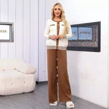 Кардиган с контрастными полосками и круглым вырезом, однобортный, с длинными рукавами, универсальный трикотажный комплект из двух предметов One Size верблюд