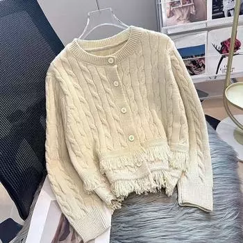 Кардиган с круглым вырезом, вязаный свитер для женщин, осень 2023, модный однотонный универсальный свитер с длинными рукавами и кисточками, женский топ One Size чёрный