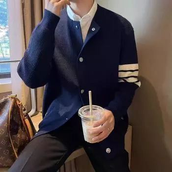 Кардиган с лацканами, свитер, весна-осень, четыре полоски, внешний вязаный свитер, легкая и универсальная мужская повседневная куртка высокого класса M