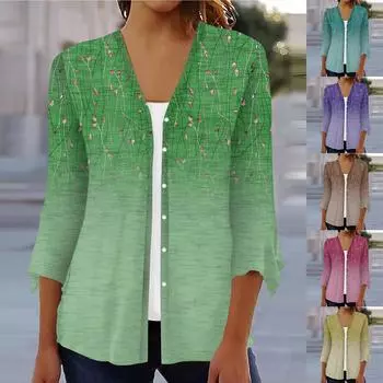 Кардиган с открытым передом и рукавами 3/4 для женщин, кардиган на пуговицах в стиле ретро с цветочным принтом для платья, женские топы с v-образным вырезом, накидка XXL фиолетовый