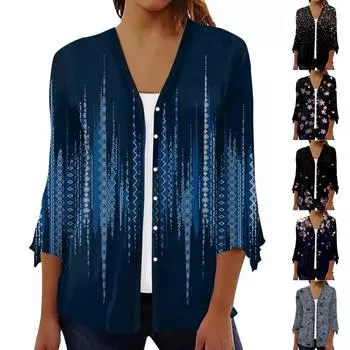 Кардиган с открытым передом и рукавами 3/4 для женщин, кардиган на пуговицах в стиле ретро с цветочным принтом для платья, женские топы с v-образным вырезом, накидка M