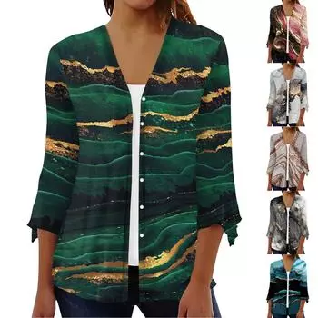 Кардиган с открытым передом и рукавами 3/4 для женщин, кардиган на пуговицах в стиле ретро с цветочным принтом для платья, женские топы с v-образным вырезом, накидка XL чёрный