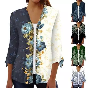 Кардиган с открытым передом и рукавами 3/4 для женщин, кардиган на пуговицах в стиле ретро с цветочным принтом для платья, женские топы с v-образным вырезом, накидка L чёрный