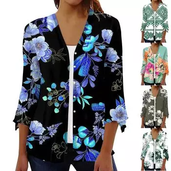 Кардиган с открытым передом и рукавами 3/4 для женщин, кардиган на пуговицах в стиле ретро с цветочным принтом для платья, женские топы с v-образным вырезом, накидка M зелёный