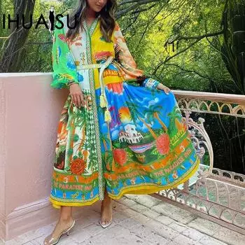 Кардиган с принтом IHUASU и кулиской, граффити, платье с длинными рукавами, женщина S зелёный