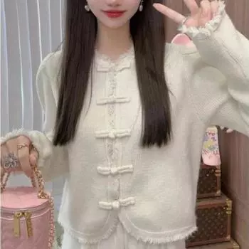 Кардиган с пуговицами, винтажный качественный свитер, женское пальто 2023, зимняя однотонная однотонная ежегодная одежда с длинными рукавами, качественная трикотажная одежда 2023 г. One Size розовый