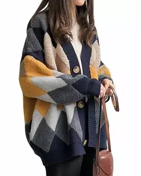 Кардиган с рисунком в виде аргайла Боа Теплый милый узор Пушистый блузон Длинная парка Ветрозащитный Стильный милый Зимний теплый грубый Большой повседневный Аттакай Жемчужный вид Пушистый для